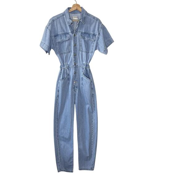WE THE FREE MARCI SHORT SLEEVE DENIM JUMPSUIT SIZE S - Picture 2 of 10